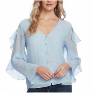 Vince Camuto Light Blue Ruffle‎ Long Sleeve Chiffon Blouse M NWT Button Front
